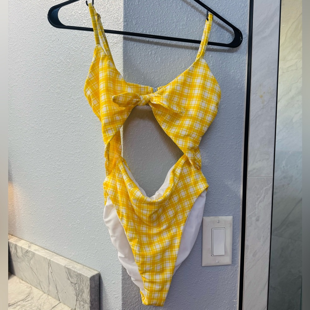 Veronica Beard Yellow Plaid Cutout Swimsuit